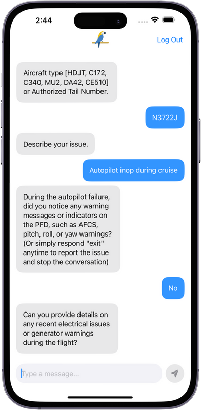 Aircraft maintenance chat interface showing autopilot troubleshooting conversation